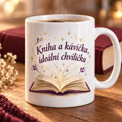Bílý keramický hrnek „Kniha a kávička“ – 300 ml