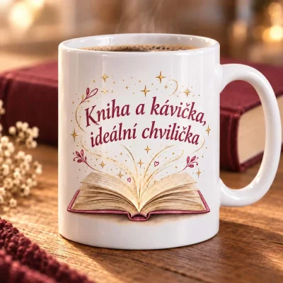 Bílý keramický hrnek „Kniha a kávička“ – 300 ml