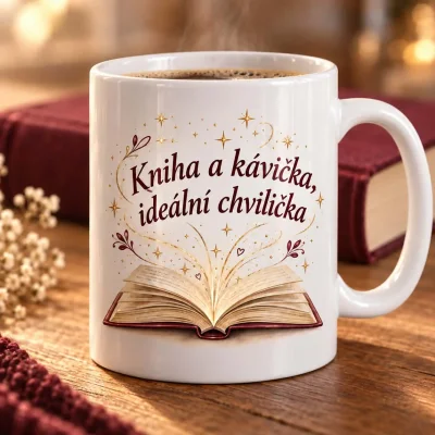Bílý keramický hrnek „Kniha a kávička“ – 300 ml