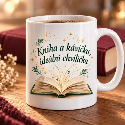 Bílý keramický hrnek „Kniha a kávička“ – 300 ml