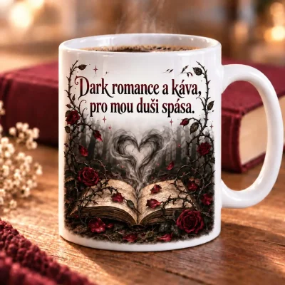Bílý keramický hrnek „Romance a káva“ – 300 ml